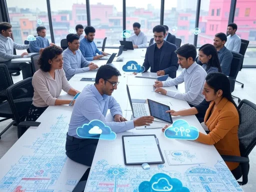A diverse team of professionals collaborates in a modern meeting room using laptops and cloud computing technologies.