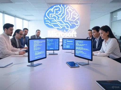 A diverse group of professionals in a modern office meeting around a table with multiple monitors, with a Microsoft logo in the background.