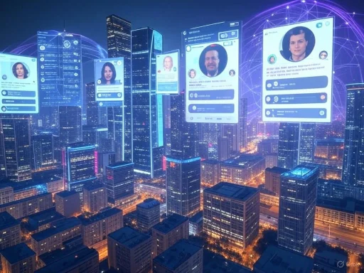 Futuristic cityscape with digital profiles and data overlays floating above skyscrapers at night.