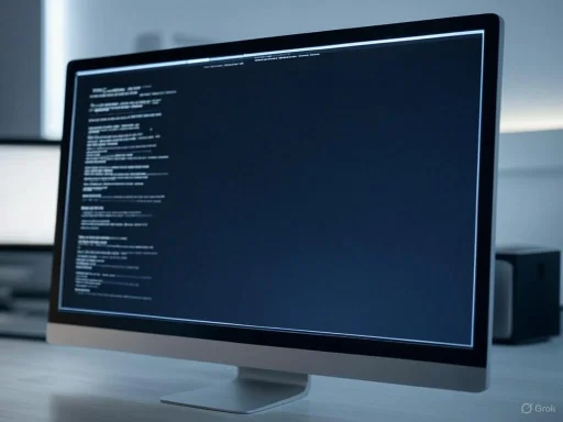 A computer monitor displaying lines of code or text on a dark background in a modern workspace.