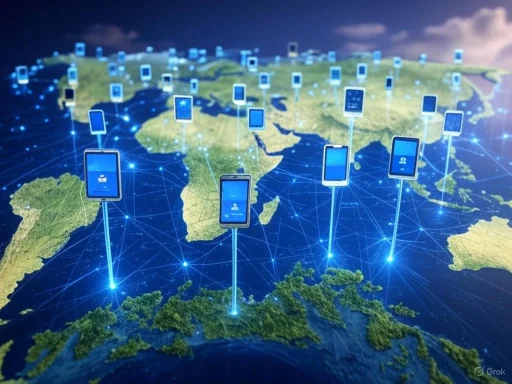 Global digital connectivity represented by smartphones linked across continents on a world map. Global digital connectivity represented by smartphones linked across continents on a world map.