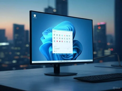 A computer monitor displaying a Windows desktop in a modern office with city skyline view at dusk. A computer monitor displaying a Windows desktop in a modern office with city skyline view at dusk.