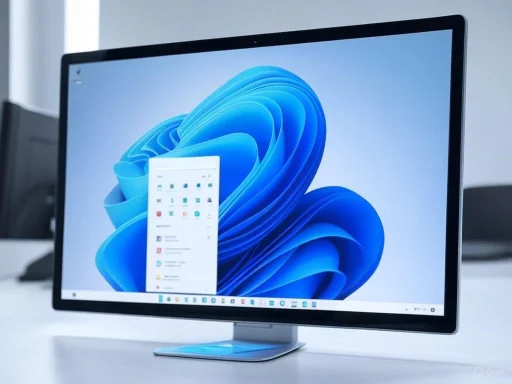 A modern computer monitor displaying the Windows 11 desktop with a blue abstract background and a start menu overlay. A modern computer monitor displaying the Windows 11 desktop with a blue abstract background and a start menu overlay.