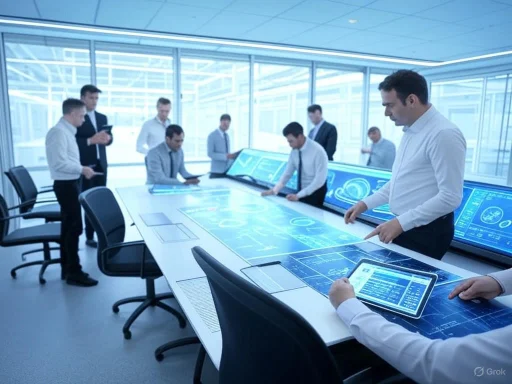 Business professionals analyze digital blueprints on a large, futuristic touchscreen table in a modern office.