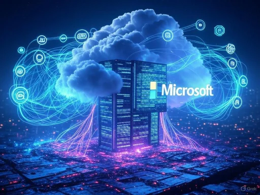 A digital illustration of cloud computing with servers, cloud symbols, and connections featuring Microsoft's logo.