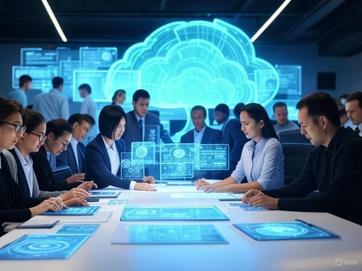 Business professionals collaborate around digital tablets in a futuristic, cloud computing-themed conference room. Business professionals collaborate around digital tablets in a futuristic, cloud computing-themed conference room.