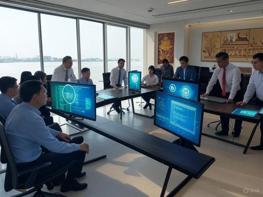 A group of professionals in a modern conference room with large windows, using digital screens for a presentation or discussion. A group of professionals in a modern conference room with large windows, using digital screens for a presentation or discussion.