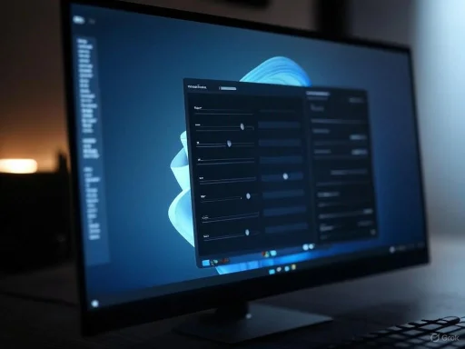 A computer monitor displays a dark-themed interface with sliders and settings, likely for software or system configuration.