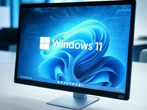 A computer monitor displays the Windows 11 logo with a futuristic blue digital background.