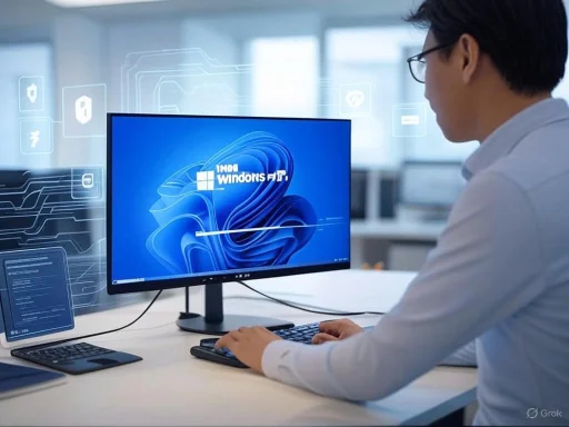 A person working on a desktop computer displaying Windows 11 in a modern office environment.