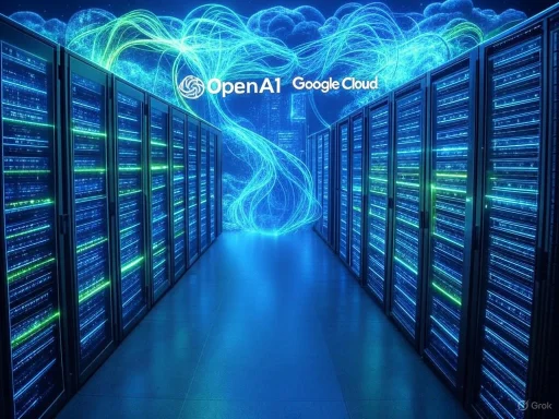 Data centers with glowing servers and digital energy flow, titled 'OpenAI' and 'Google Cloud.'