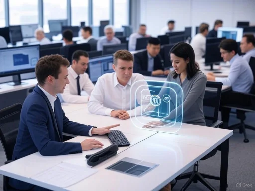 Team members discussing virtual financial and data analysis icons in a modern, open-plan office.