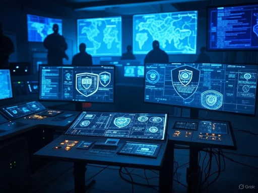 A high-tech cybersecurity command center with multiple screens displaying maps, shields, and data analysis.