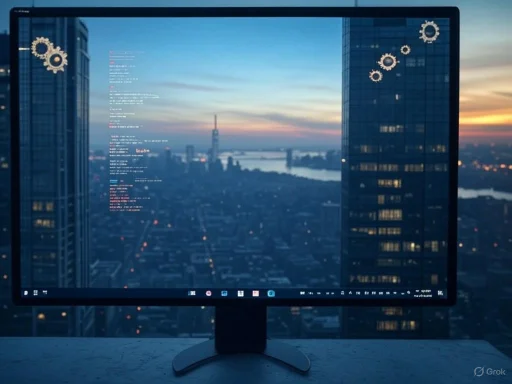 Computer monitor displaying cityscape and code during sunset over a city skyline.