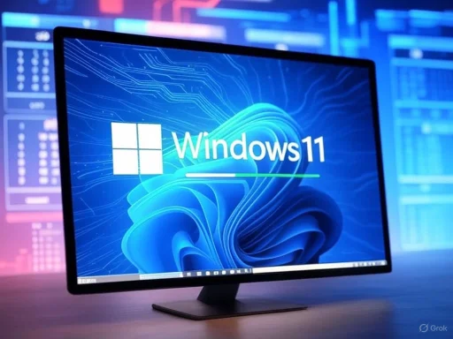 A computer monitor displays the Windows 11 logo with a futuristic background.