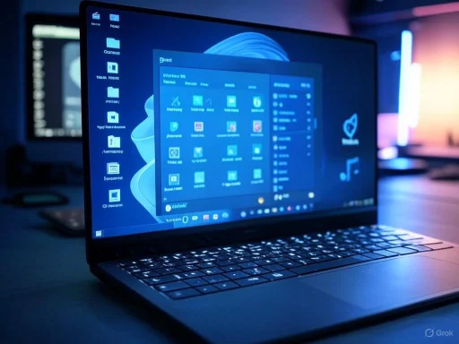 A sleek laptop displaying a blue-themed desktop with app icons, set in a modern dimly-lit workspace.