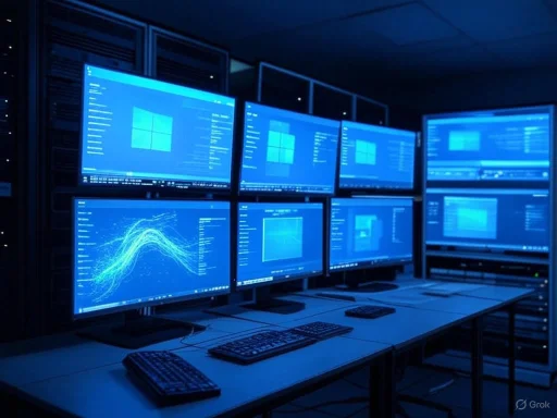 Multiple computer monitors display data and graphs in a dimly lit server room or data center.