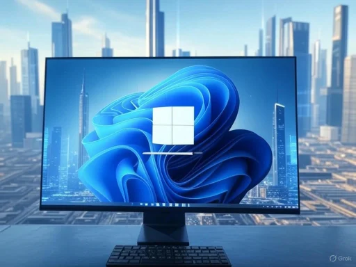 A computer monitor displays the Windows 11 logo against a futuristic cityscape background.