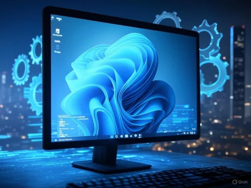 A computer monitor displays a futuristic digital interface with gears and cityscape in the background.