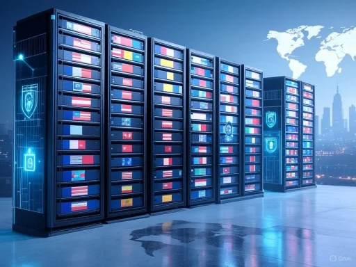 Server racks with international flags in a modern data center, symbolizing global cybersecurity and connectivity.