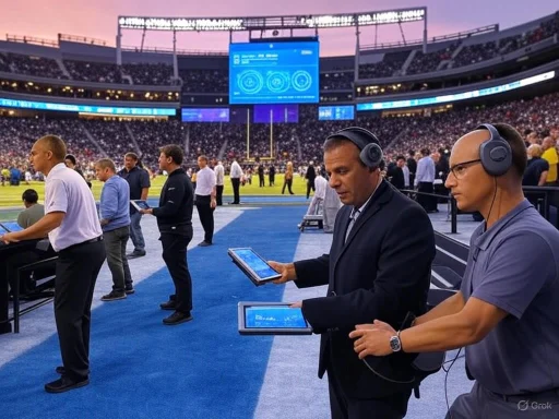 Media professionals work on tablets with headsets during a sports event at a packed stadium.