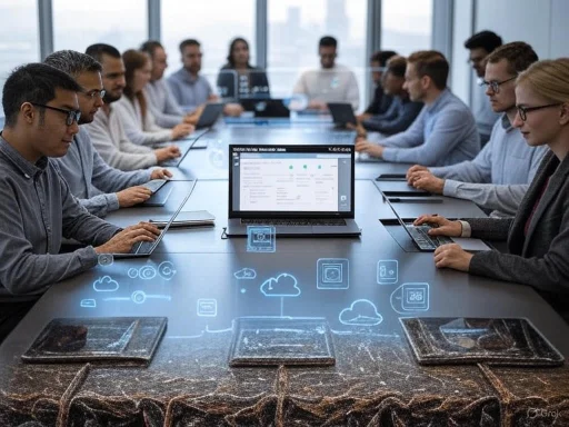 Business meeting in a modern office with digital cloud and data icons overlayed.