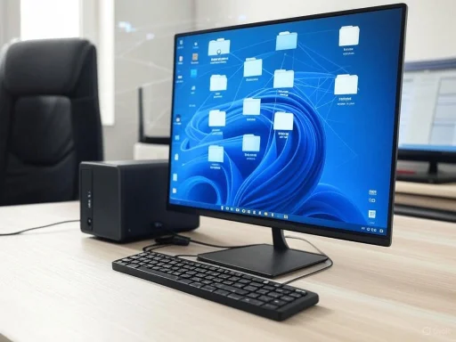 A computer workspace featuring a monitor, keyboard, and desktop speaker on a light-colored desk.