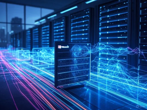 Futuristic data center with glowing servers and dynamic digital data streams in blue and pink hues.