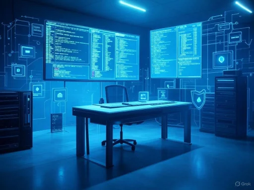 A high-tech cybersecurity operations room with multiple large screens displaying code and digital security icons.