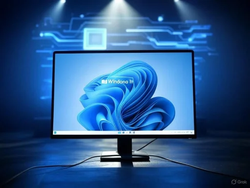 A computer monitor displays the Windows 11 logo against a digital circuit background with blue tones.