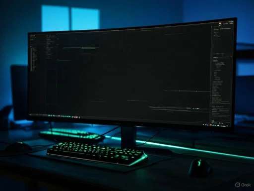A dark room with a large computer monitor, illuminated by green and blue LEDs, displaying code or data.