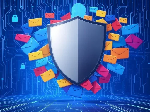 A digital shield surrounded by colorful envelopes representing email security against cyber threats.