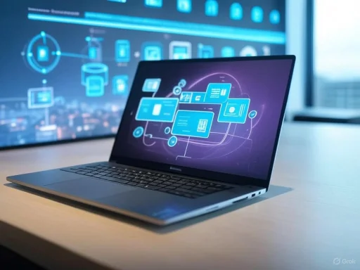 A laptop displays interconnected digital icons in a high-tech, futuristic interface.