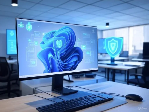 A computer monitor displays a blue digital shield icon, symbolizing cybersecurity, in a modern office setting.