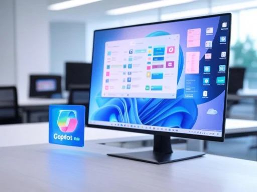 A computer monitor displaying a desktop with various app windows, accompanied by a Copilot badge on a desk.