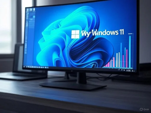 A computer monitor displays the Windows 11 desktop with a blue abstract background and a bar chart.