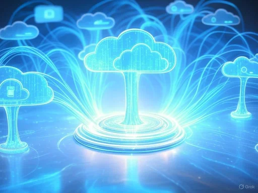 Digital cloud computing concept with glowing cloud icons and interconnected data streams.