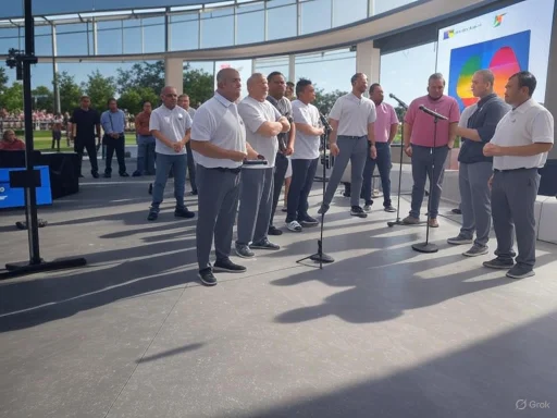 A group of men in business casual attire are speaking and listening at an outdoor event with a presentation screen in the background.