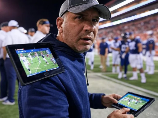 A coach reviews game footage on a tablet during a football game with players and staff blurred in the background. A coach reviews game footage on a tablet during a football game with players and staff blurred in the background.