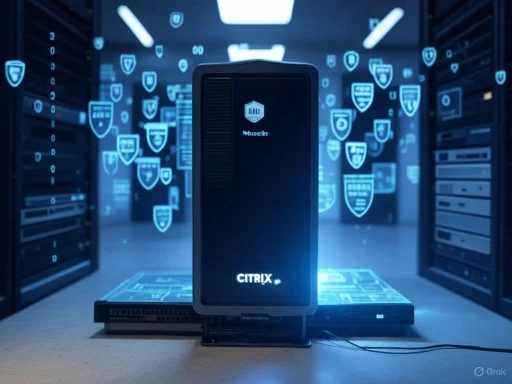 A cybersecurity server with digital shields and data protection symbols in a high-tech data center context.