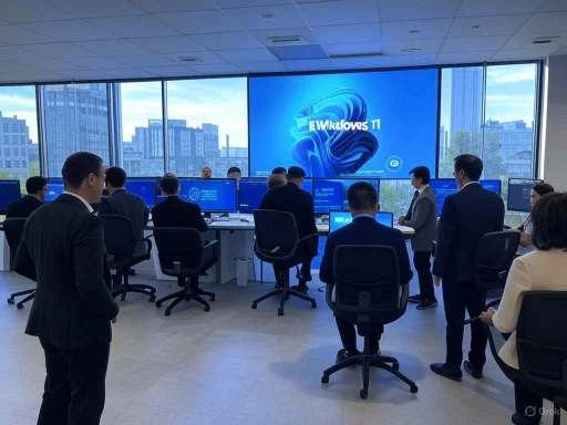 A group of professionals participates in a corporate training or presentation in a modern office with large windows and multiple computer monitors. A group of professionals participates in a corporate training or presentation in a modern office with large windows and multiple computer monitors.