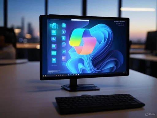 A computer monitor displaying a colorful digital interface on a desk in a modern office setting during sunset.