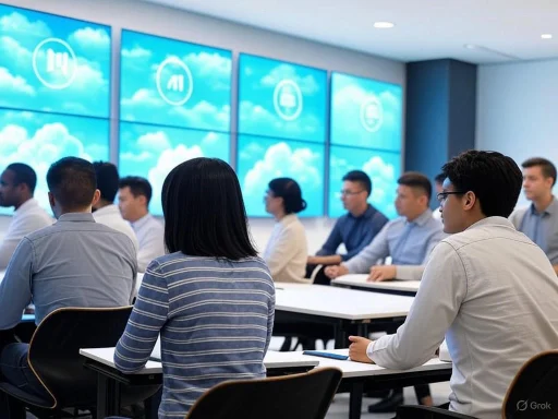 A diverse group of people attending a presentation or meeting in a modern conference room with digital screens displaying cloud icons. A diverse group of people attending a presentation or meeting in a modern conference room with digital screens displaying cloud icons.