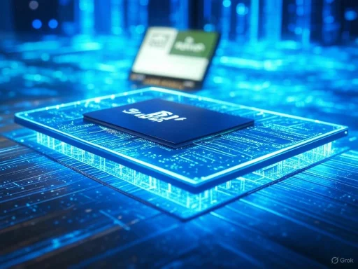 A close-up of a digital microchip illuminated with blue light, embedded in a futuristic circuit board. A close-up of a digital microchip illuminated with blue light, embedded in a futuristic circuit board.