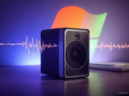 A speaker is placed in front of a laptop, with a colorful Windows logo and sound wave visuals in the background.