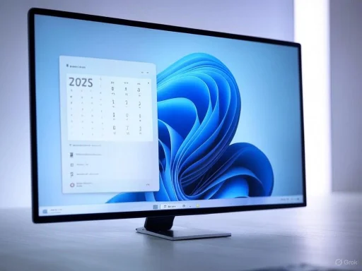 A sleek computer monitor displays a Windows desktop with a calendar showing the year 2025.