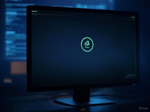 A computer monitor displays a black screen with a green circular outline and an abstract symbol in the center.