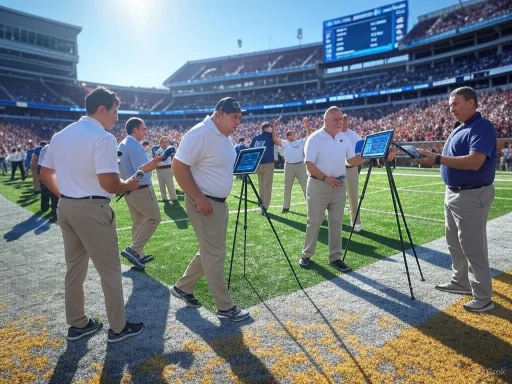 Officials analyze data on tablets during a football game at a stadium filled with spectators.