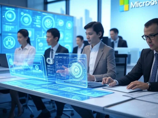 Business people in a modern conference room using holographic digital interfaces during a high-tech meeting.