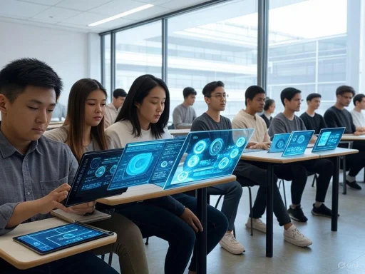 Students sit in a modern classroom using futuristic transparent digital tablets for learning.